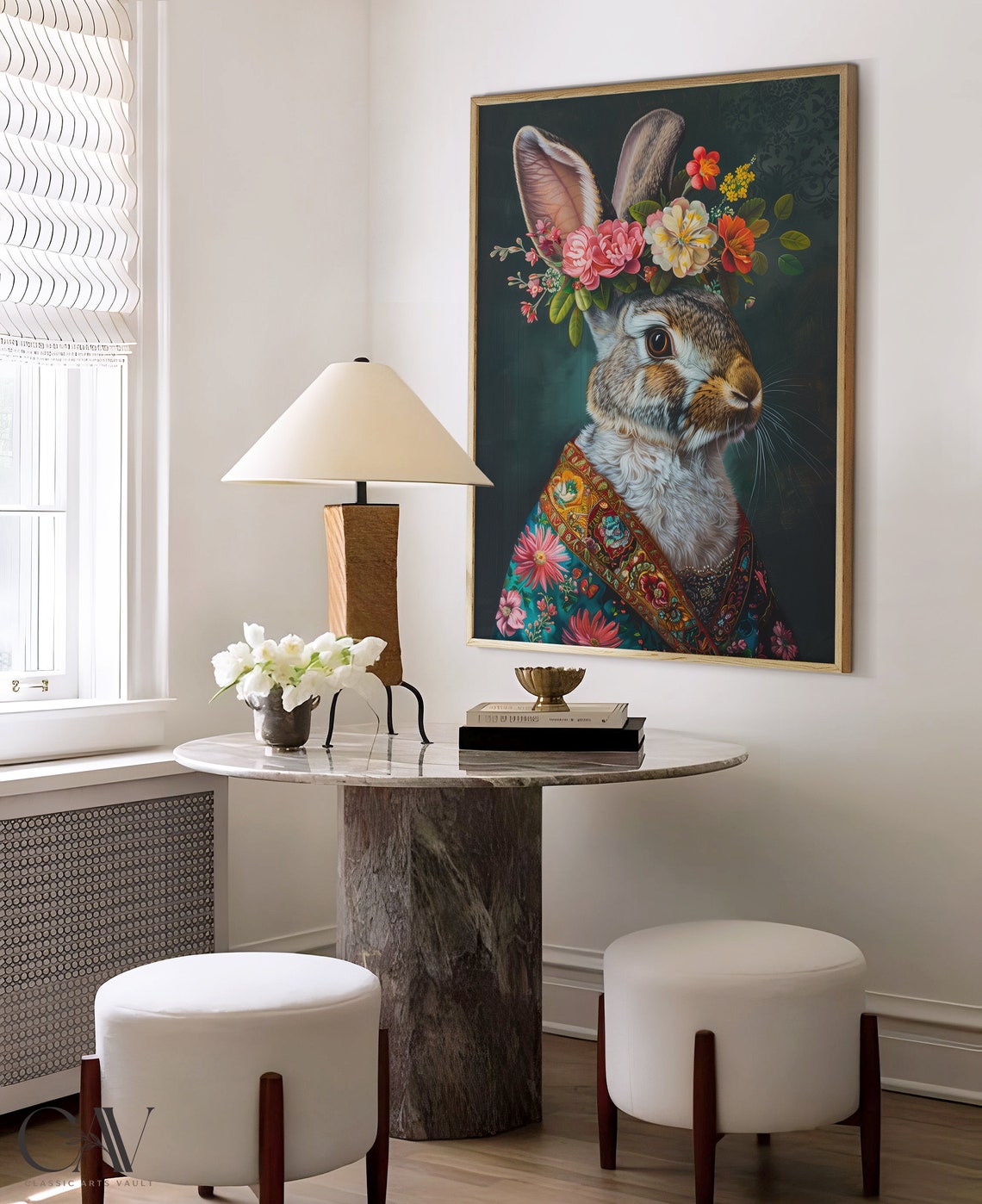 Rabbit Flower Crown Maximalist Floral Brocade Animal Wall Art - Image 4