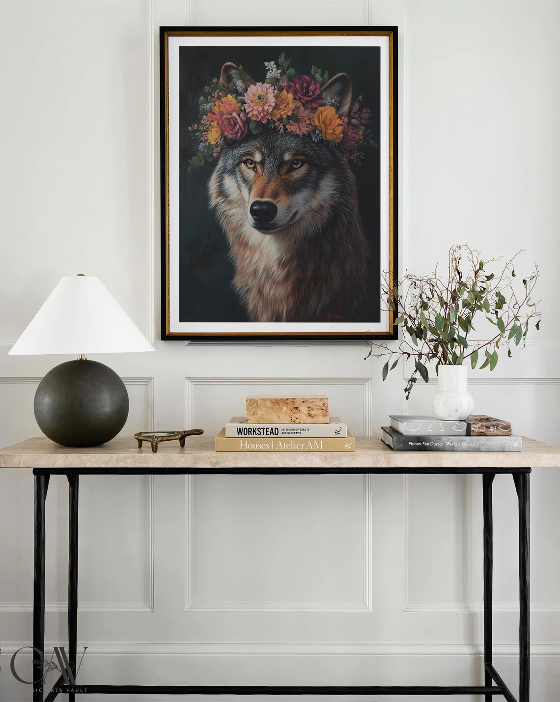 Wolf Wearing Flower Crown on Dark Background Moody Wildlife Portrait Poster - Image 3