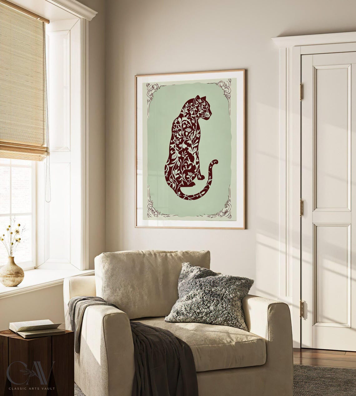 Burgundy Panther Silhouette Floral Pattern Sage Green Art Poster - Image 4