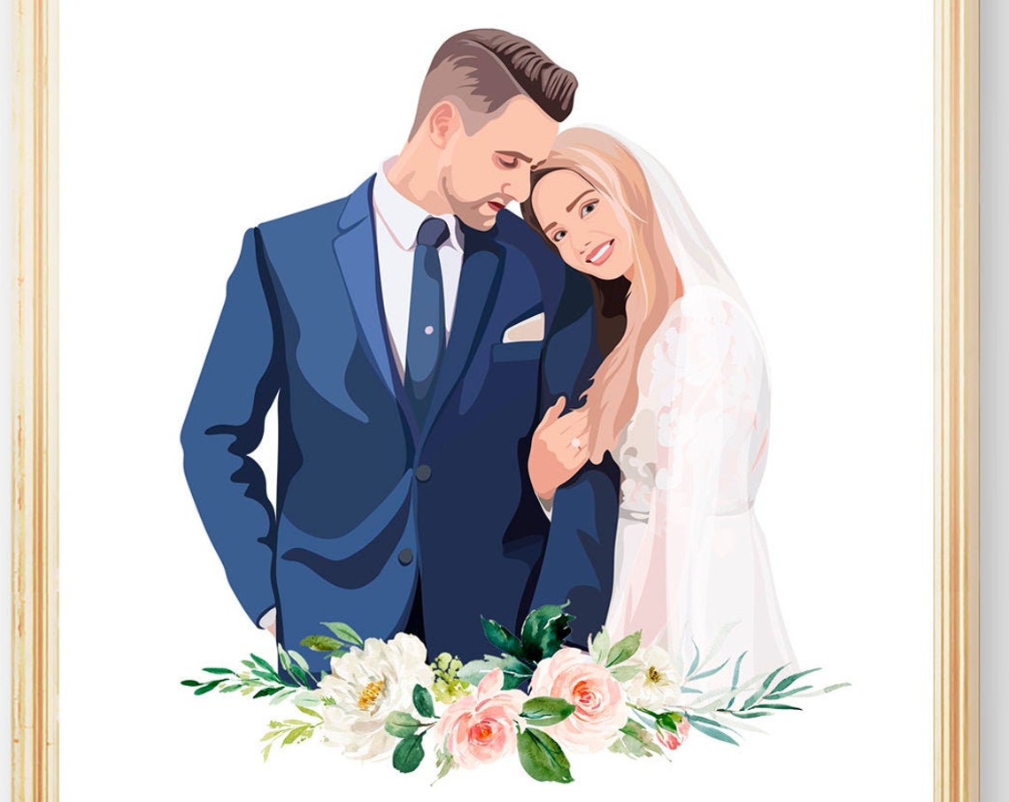 Custom Couple Portrait Illustration Wedding Anniversary Gift Wall Art
