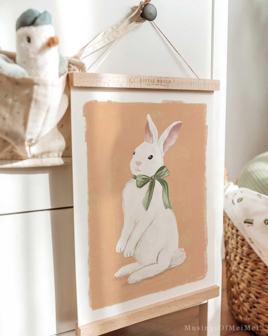White Bunny with Sage Bow Tie Pastel Peach Nursery Bunny Art Poster - Image 3