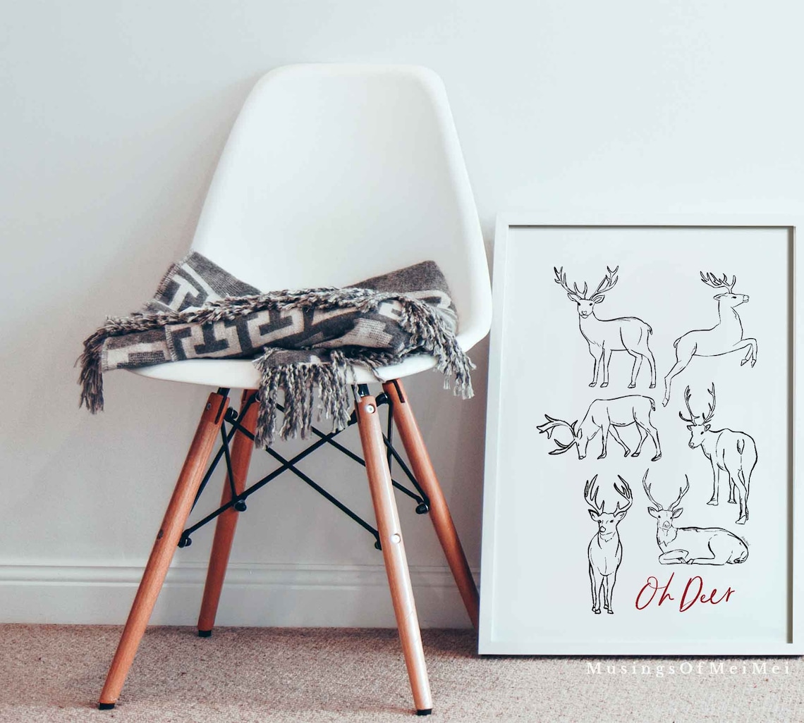 Oh Deer Six Line Drawn Stags Red Script Rustic Christmas Woodland Poster - Image 3