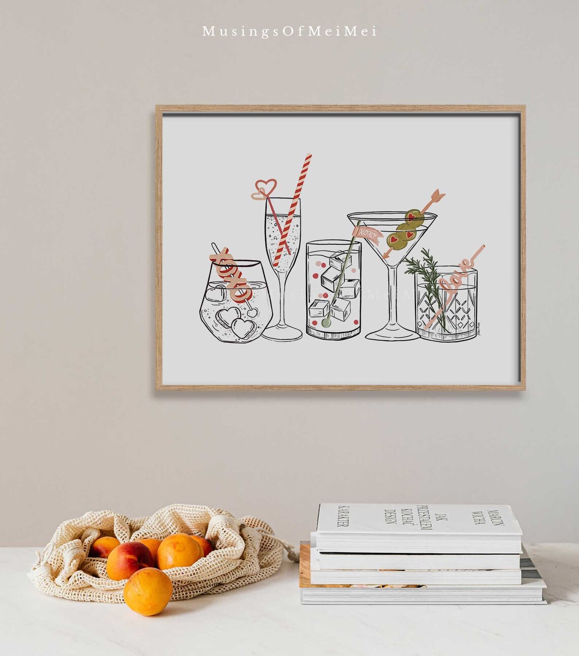 XOXO Valentine Cocktails Five Martini Glasses Bar Cart Party Art Poster - Image 2