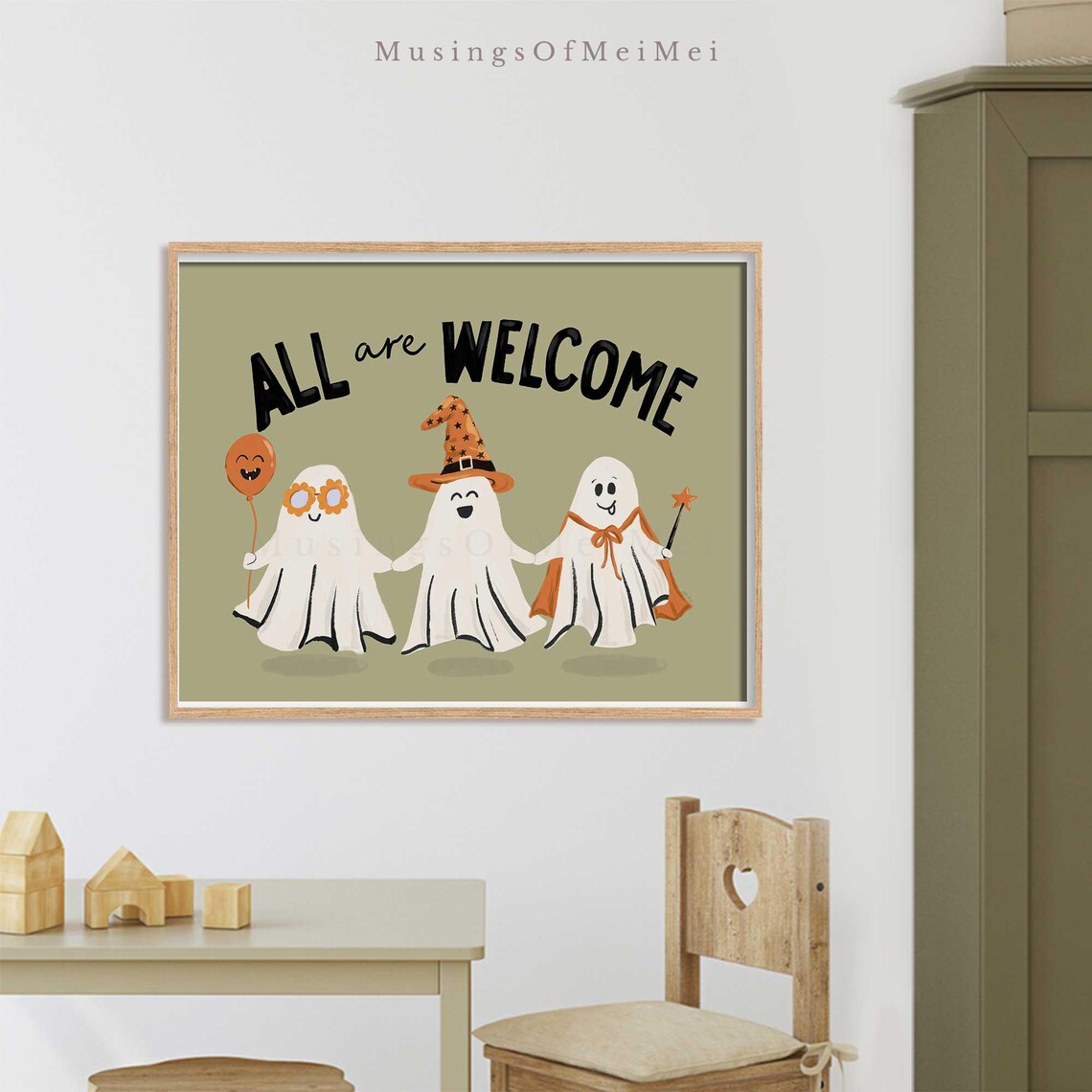 All Are Welcome Halloween Cute Ghost Art Print - Image 3