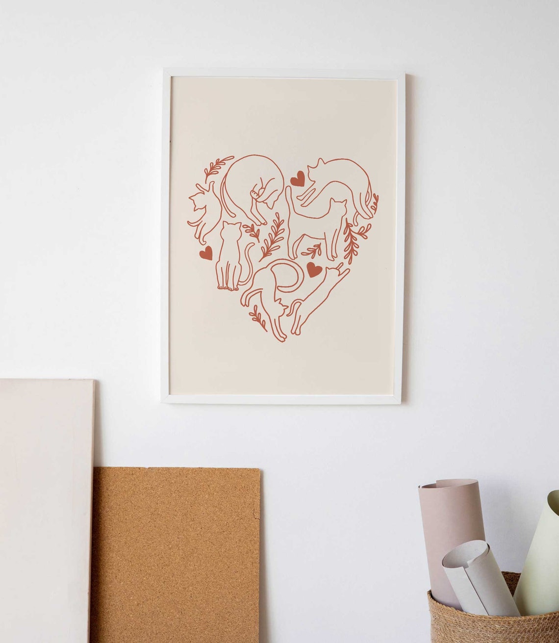 Cats Forming a Heart Terracotta Line Art Valentines Day Poster - Image 2