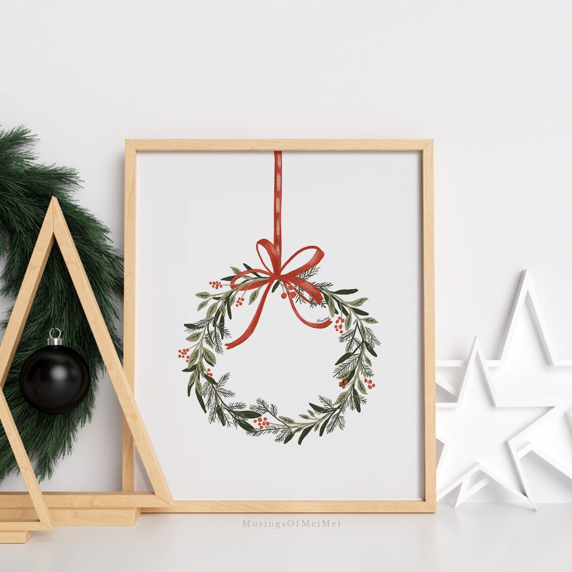 Minimalist Christmas Wreath Art Print, Farmhouse Winter - Image 2