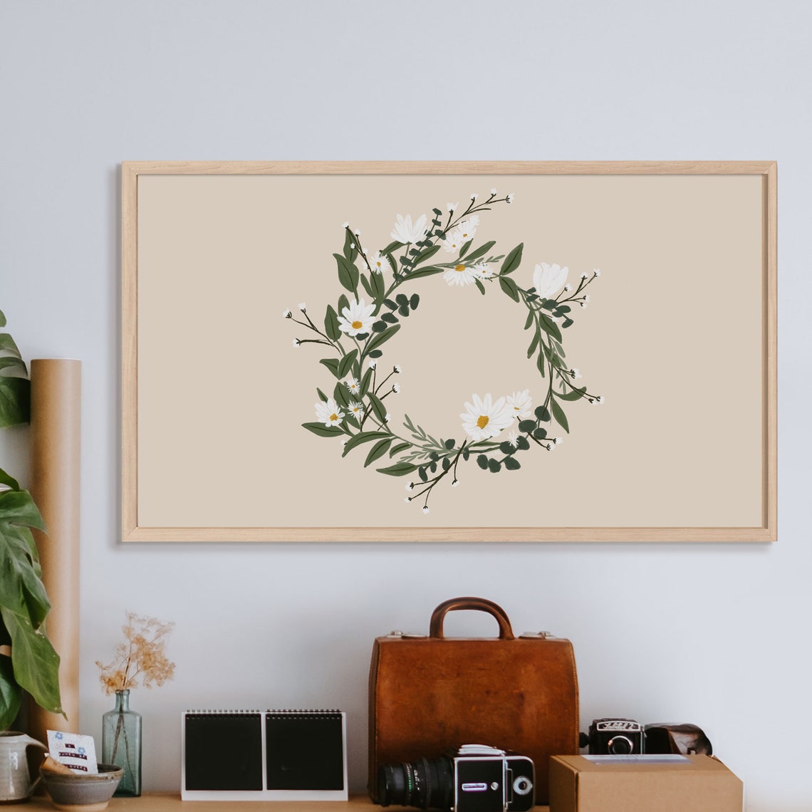 Spring Daisy Wreath Botanical Beige Samsung Frame TV Art Print