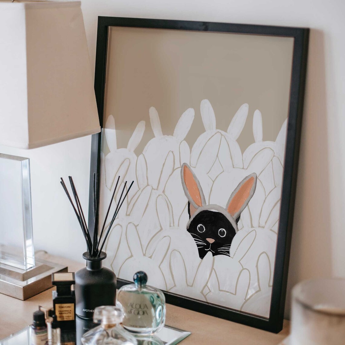 Cat and Easter Bunny Art Print, Playful Holiday Decor - Image 2