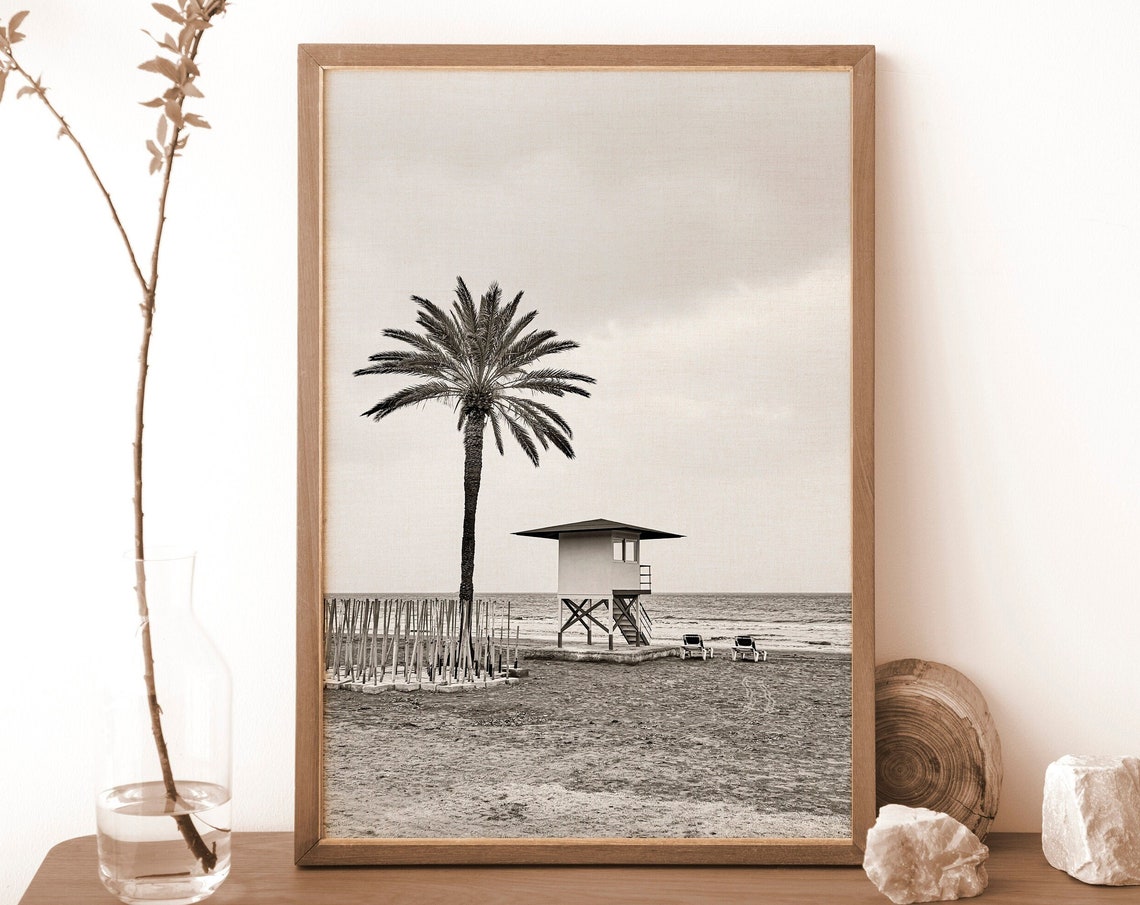 Black And White Beach Photography Lifeguard Tower Palm Tree Wall Art