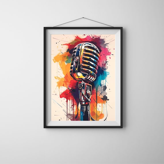 Vintage Microphone Colorful Splash Graffiti Style Music Art Poster
