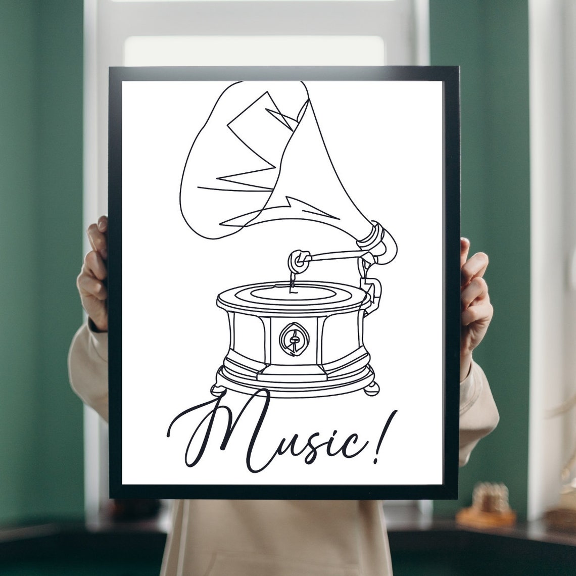 Gramophone Music Line Art Retro Phonograph Script Minimal Wall Poster