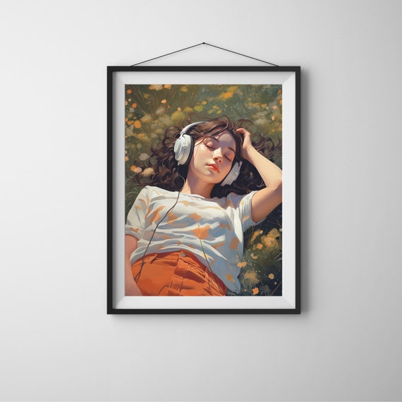 Colorful Woman Portrait Listening To Music Girl Print Gift For Lovers Wall Art With Headphones