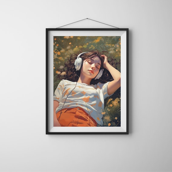 Girl With Headphones Wildflower Meadow Painterly Lofi Art Poster