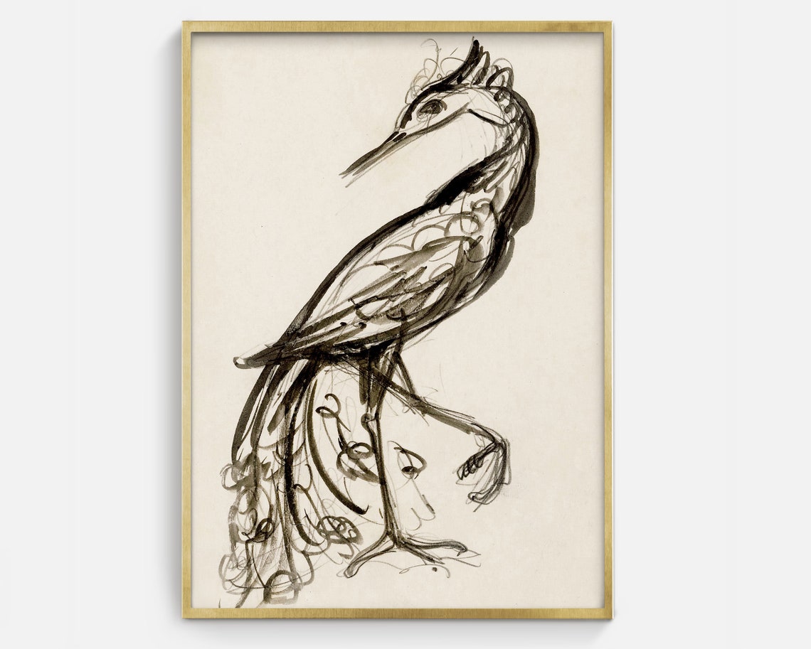 Dramatic Ink Heron Bird Study Black Brushstroke Wildlife Art Poster