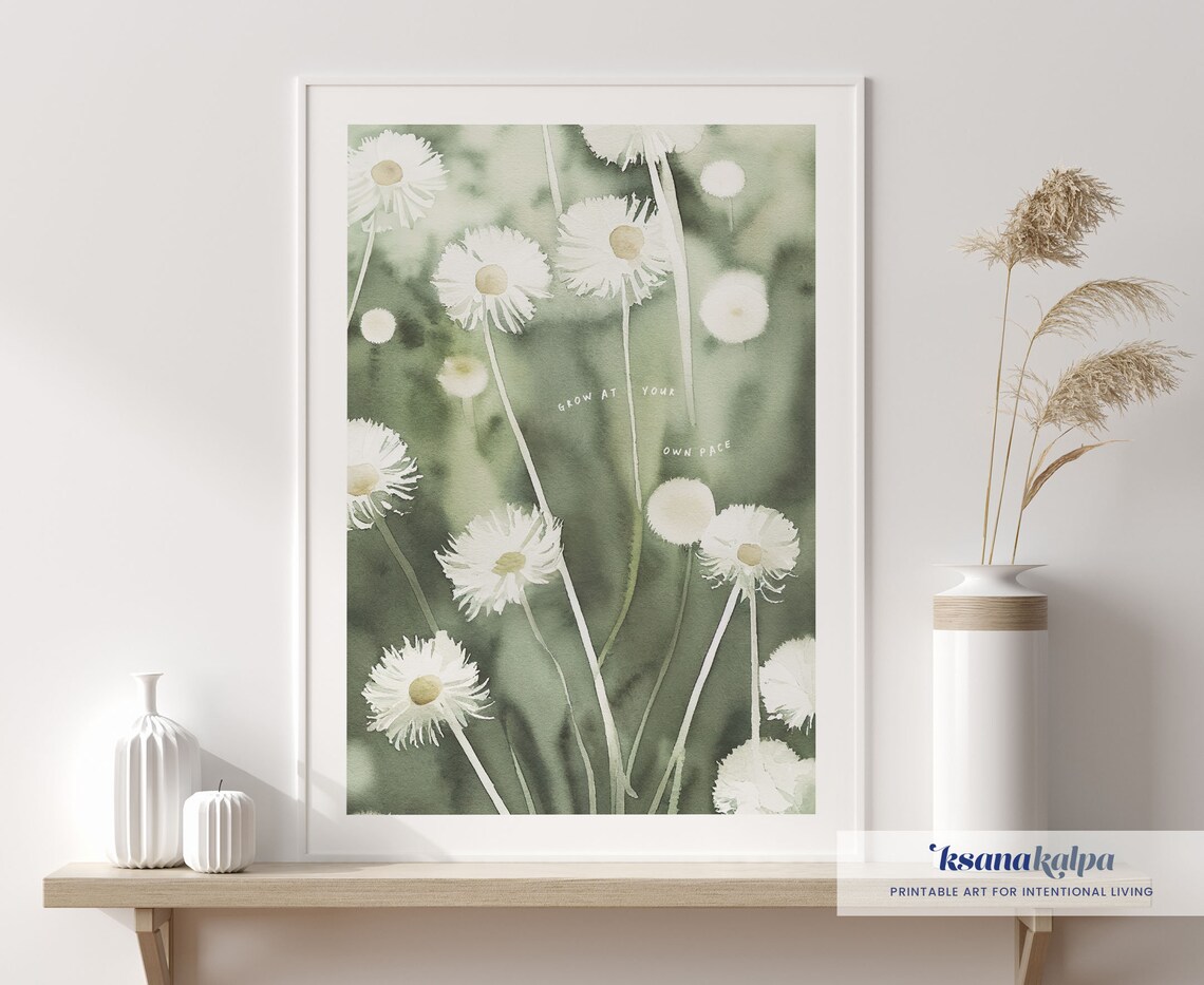 Grow At Your Own Pace White Daisy Meadow Watercolor Flower Poster - Image 2