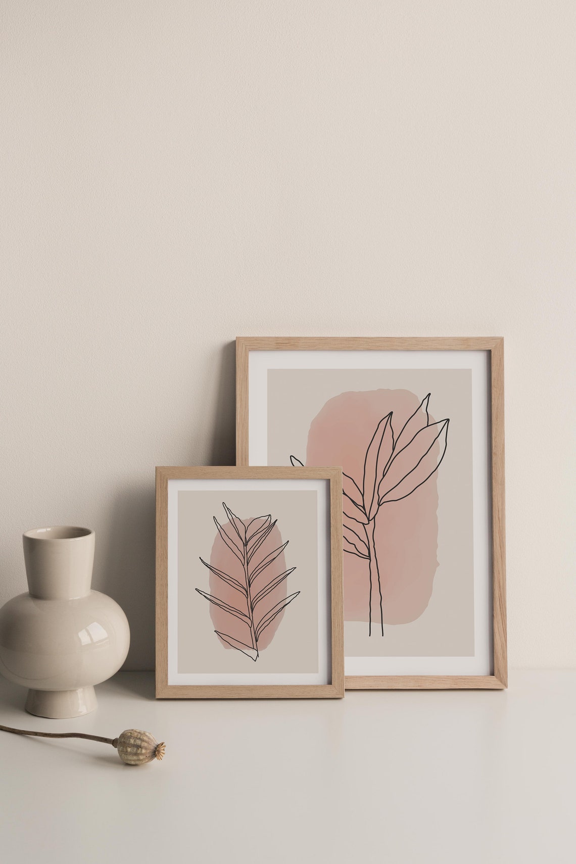 Blush Pink Botanical Leaf Line Art Two Piece Minimalist Gallery Poster