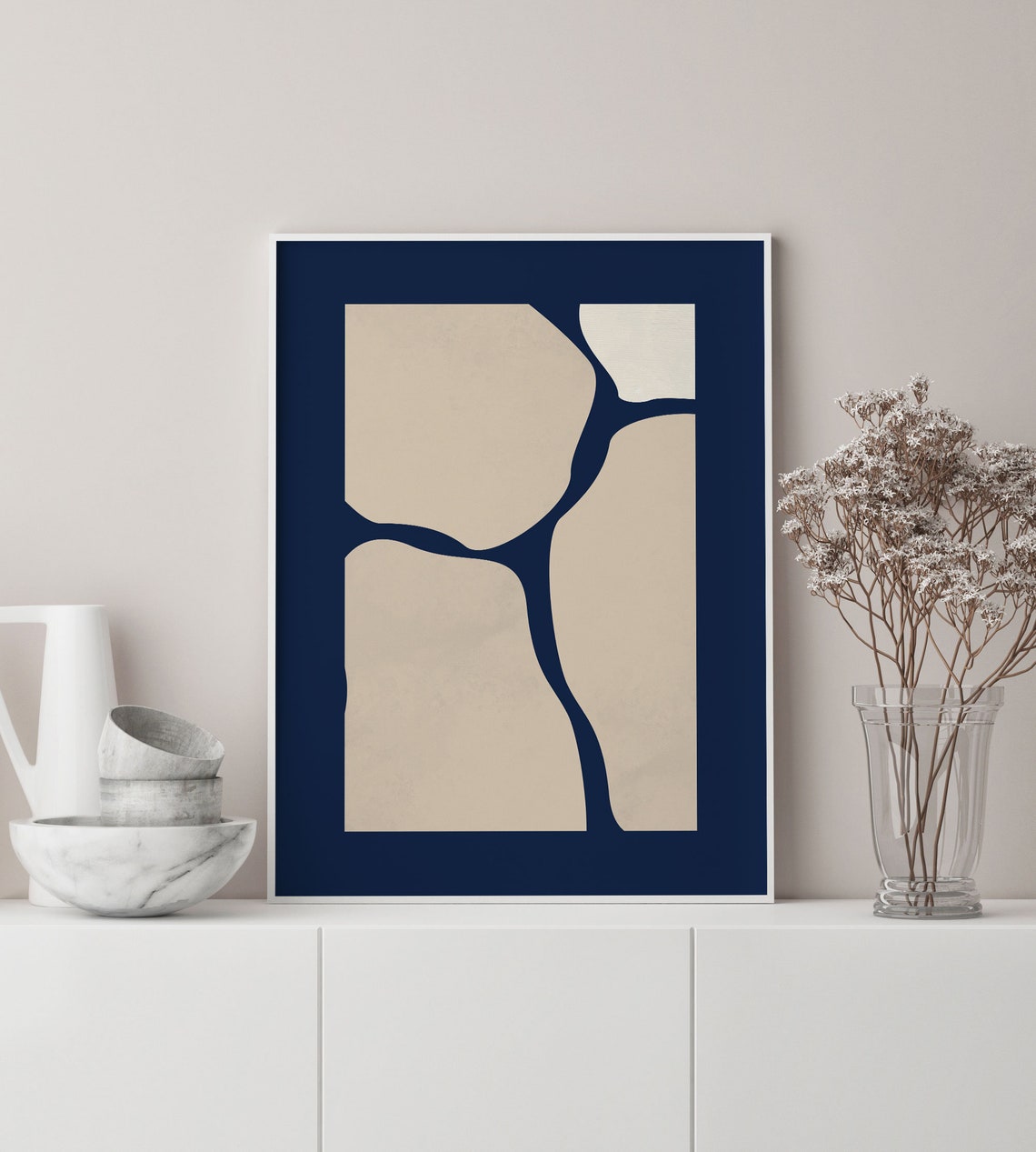 Navy Blue Beige Stone Organic Shape Minimalist Abstract Art Poster - Image 3
