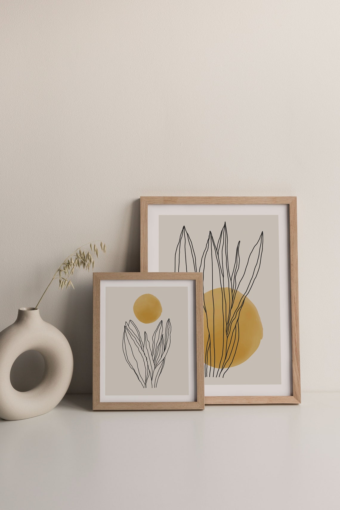 Beige Botanical Line Art Set of 2 Mustard Gold Sun Leaf Wall Art - Image 3