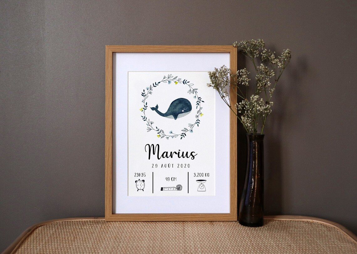 Personalized Whale Watercolor Art Print, Birth Poster