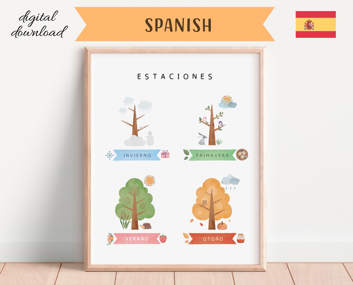 Seasons Poster in Spanish, Educational Nursery Art Print