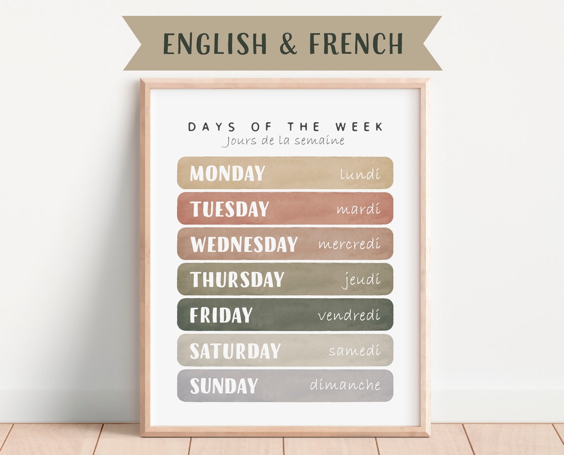 Days of the Week Bilingual English French Learning Chart Poster