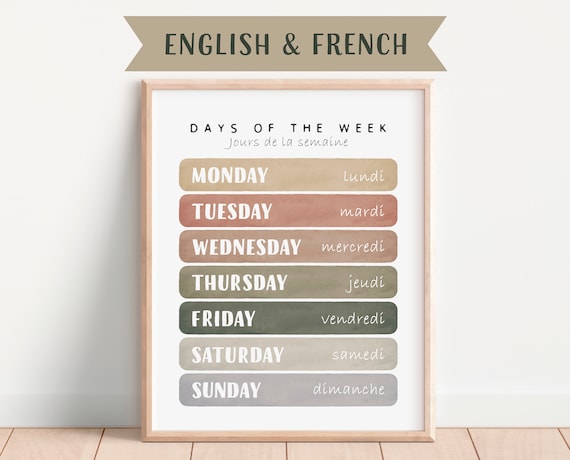 Days of the Week Bilingual English French Learning Chart Poster