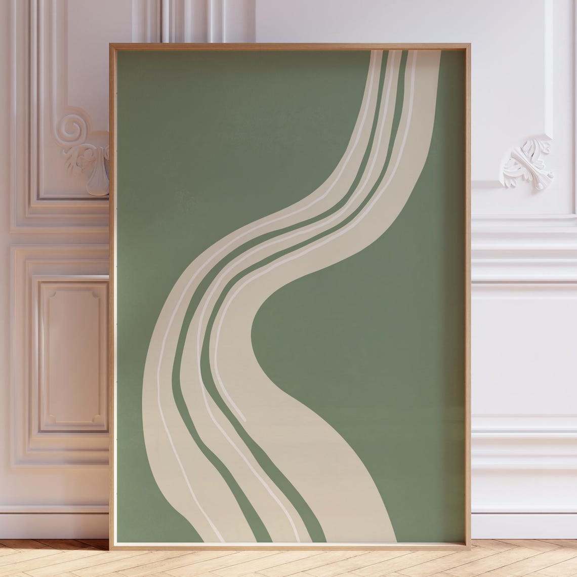 Sage Green Minimalist Abstract Wall Art Mid Century Modern Waves Print Contemporary Trendy