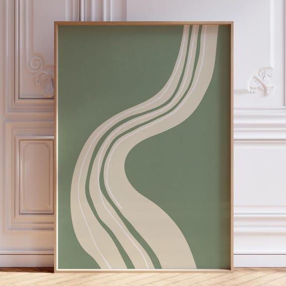 Sage Green Minimalist Abstract Wall Art Mid Century Modern Waves Print Contemporary Trendy