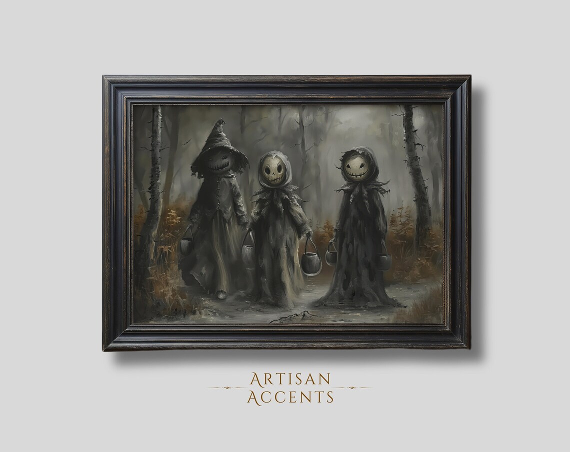 Spooky Cute Costumed Kids Trick Or Treating Foggy Forest Halloween Poster