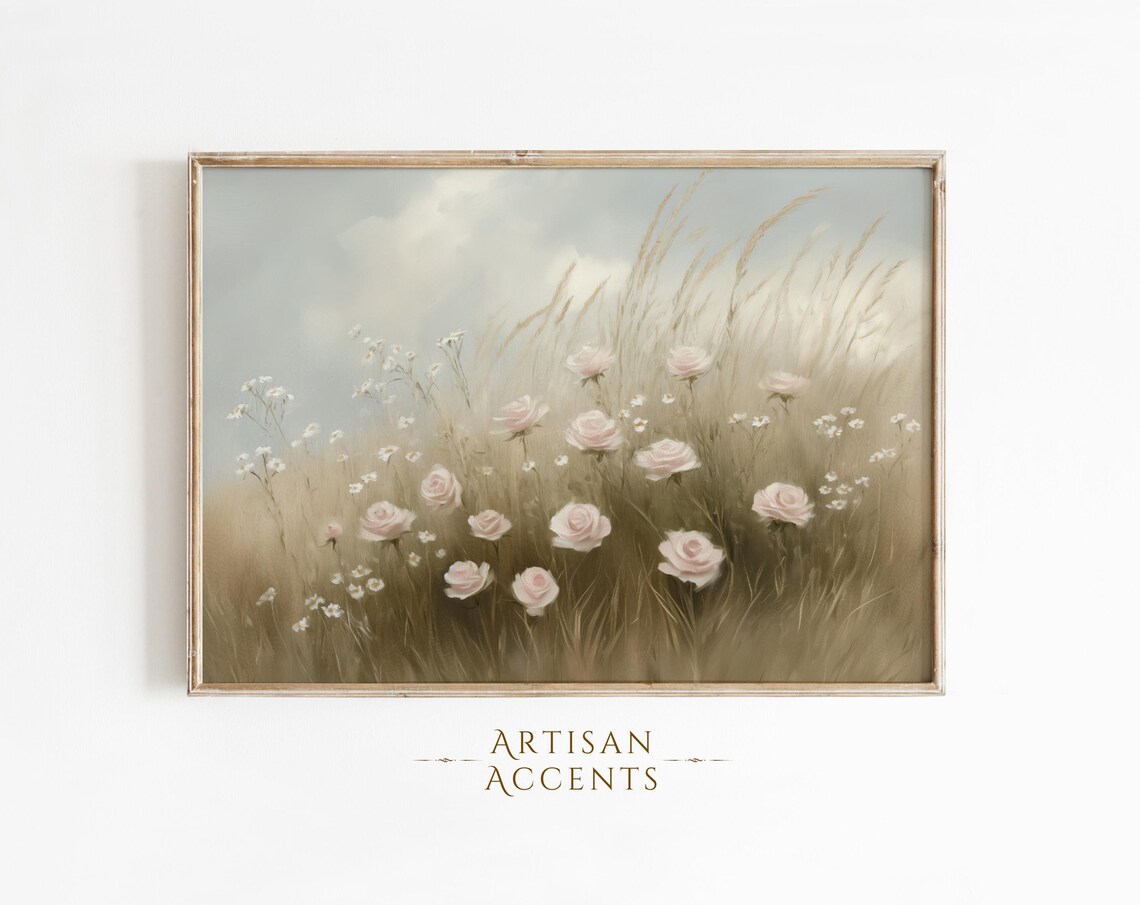 Pink Roses In Tall Meadow Grass Romantic Floral Oil Painting Print