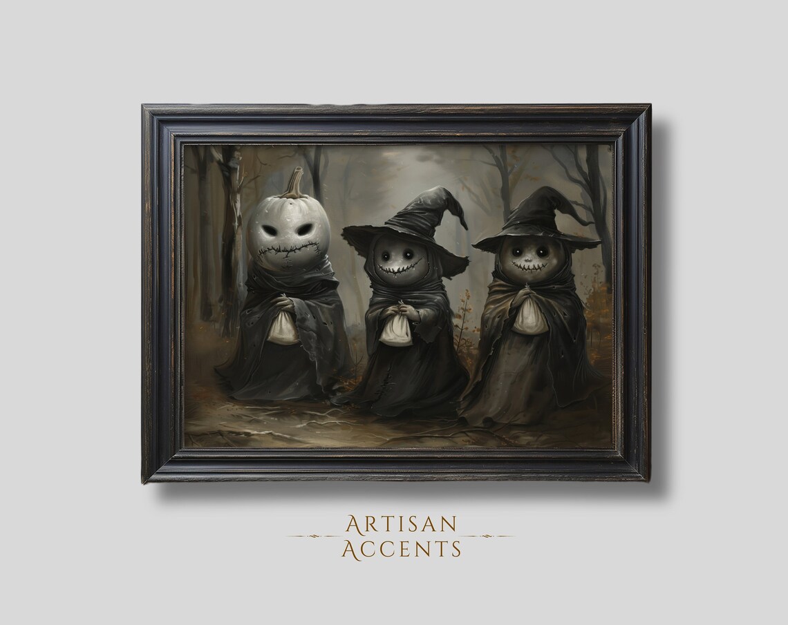 Cute Monsters Trick Or Treating Misty Forest Whimsical Halloween Art Poster
