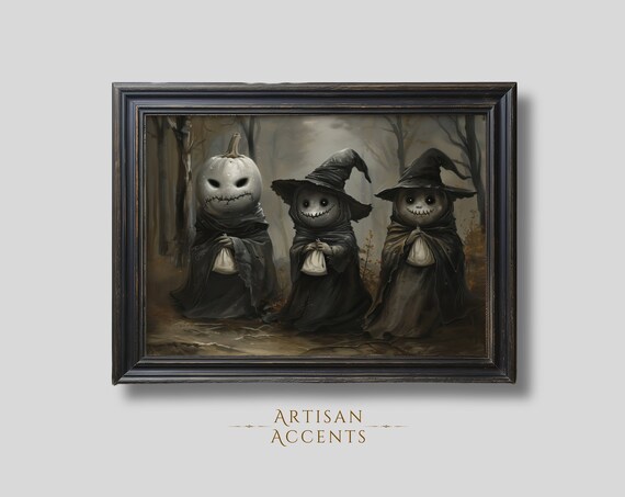 Cute Monsters Trick Or Treating Misty Forest Whimsical Halloween Art Poster