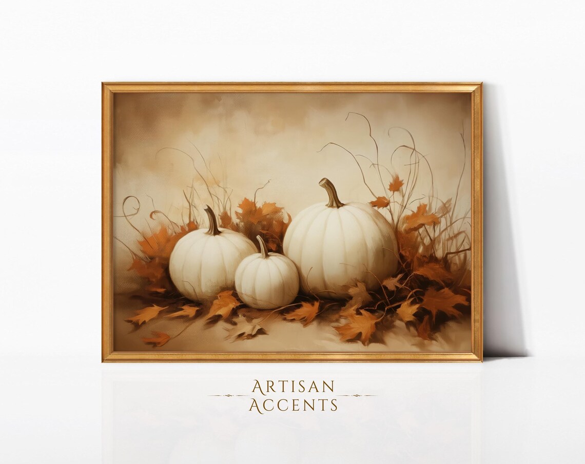 White Pumpkins With Autumn Leaves Fall Harvest Still Life Art Print