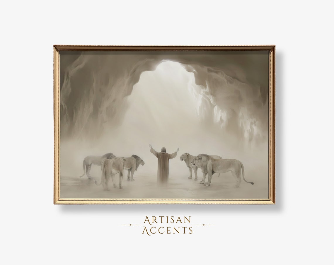 Daniel In The Lions Den Faith And Courage Beige Neutral Art Print