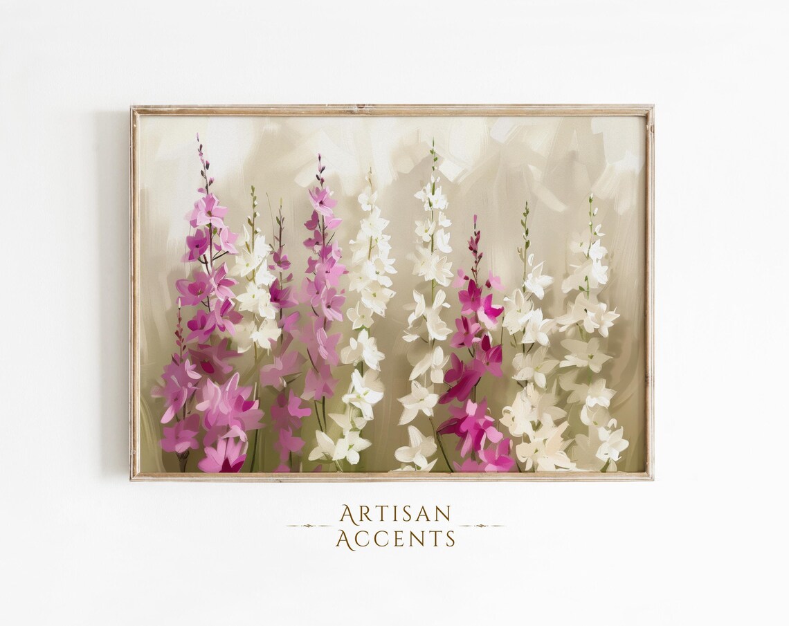 Pink And White Larkspur Wildflowers Botanical Oil Painting Wall Art