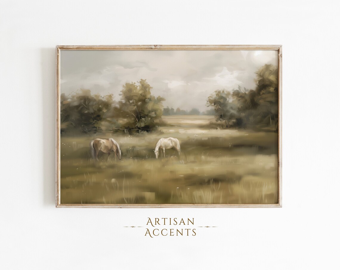 Horses Grazing In Misty Meadow Vintage Pastoral Oil Painting Print