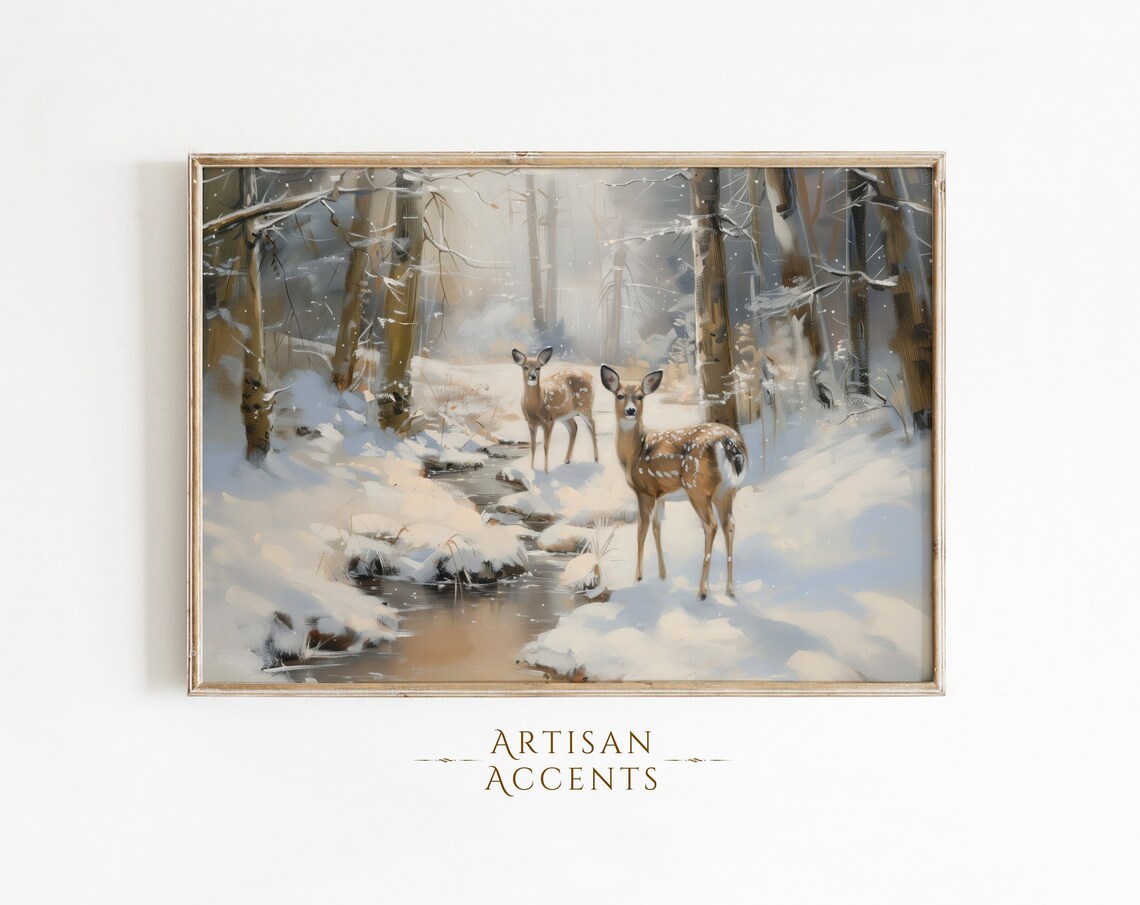 Deer Snowy Winter Forest Stream Vintage Wildlife Oil Painting Poster