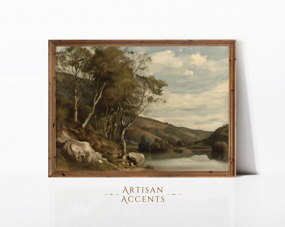 Rustic Mountain Landscape Oil Painting Wall Decor Art Print Home Jpeg Artwork Vintage Style