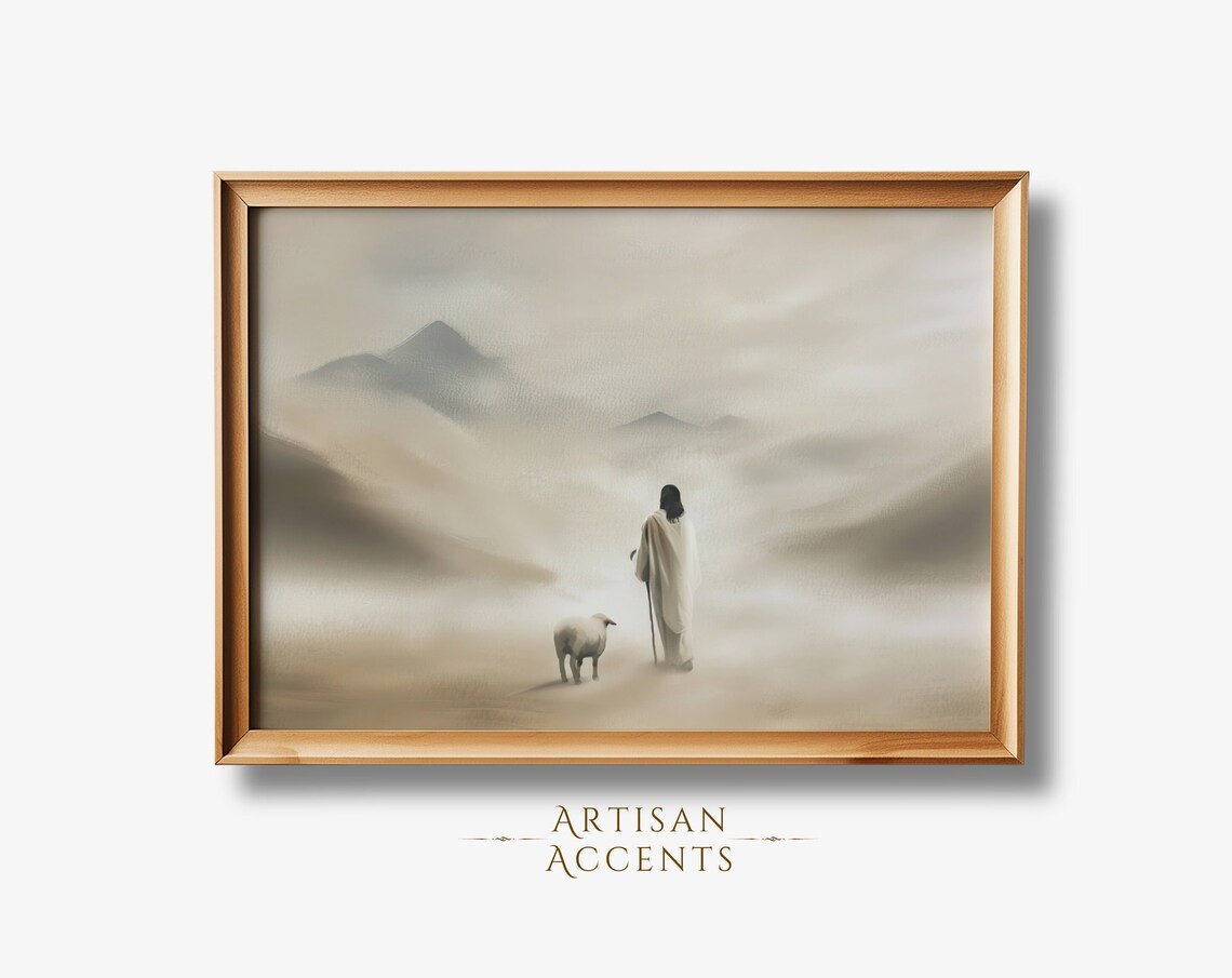 Shepherd With Lost Sheep Misty Mountains Christian Faith Art Print