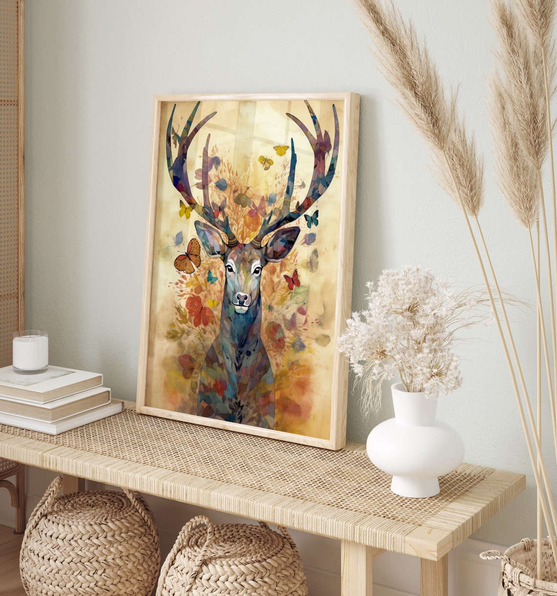 Stag Deer Butterflies Watercolour Mosaic Antlers Nature Poster - Image 2