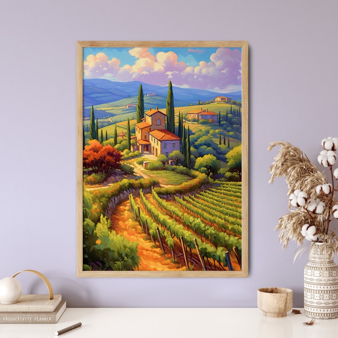 Tuscan Rolling Hills Vineyards Village Sunset Landscape Art Print - Image 5