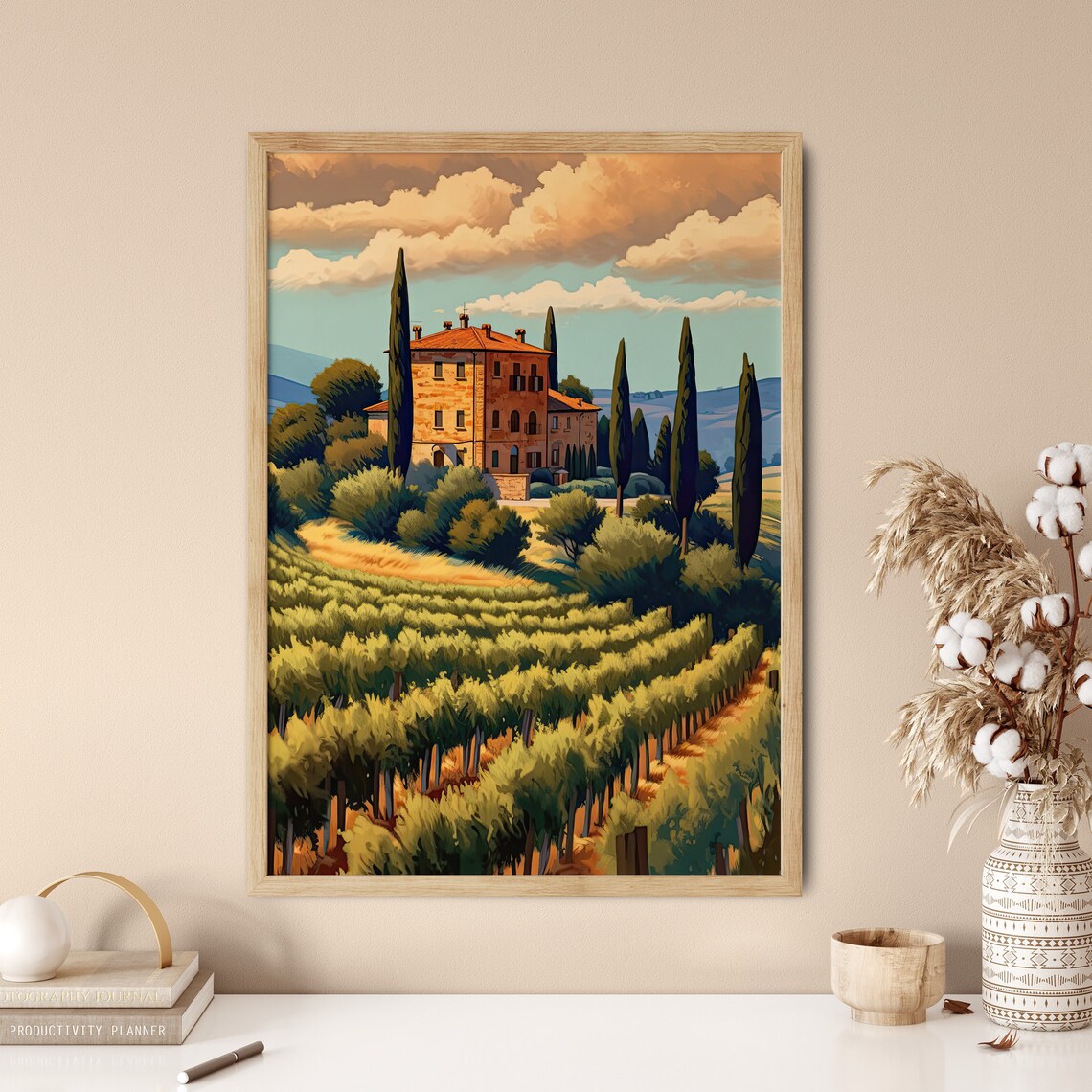 Tuscan Vineyard Villa Sunset Cypress Trees Golden Landscape Poster - Image 5