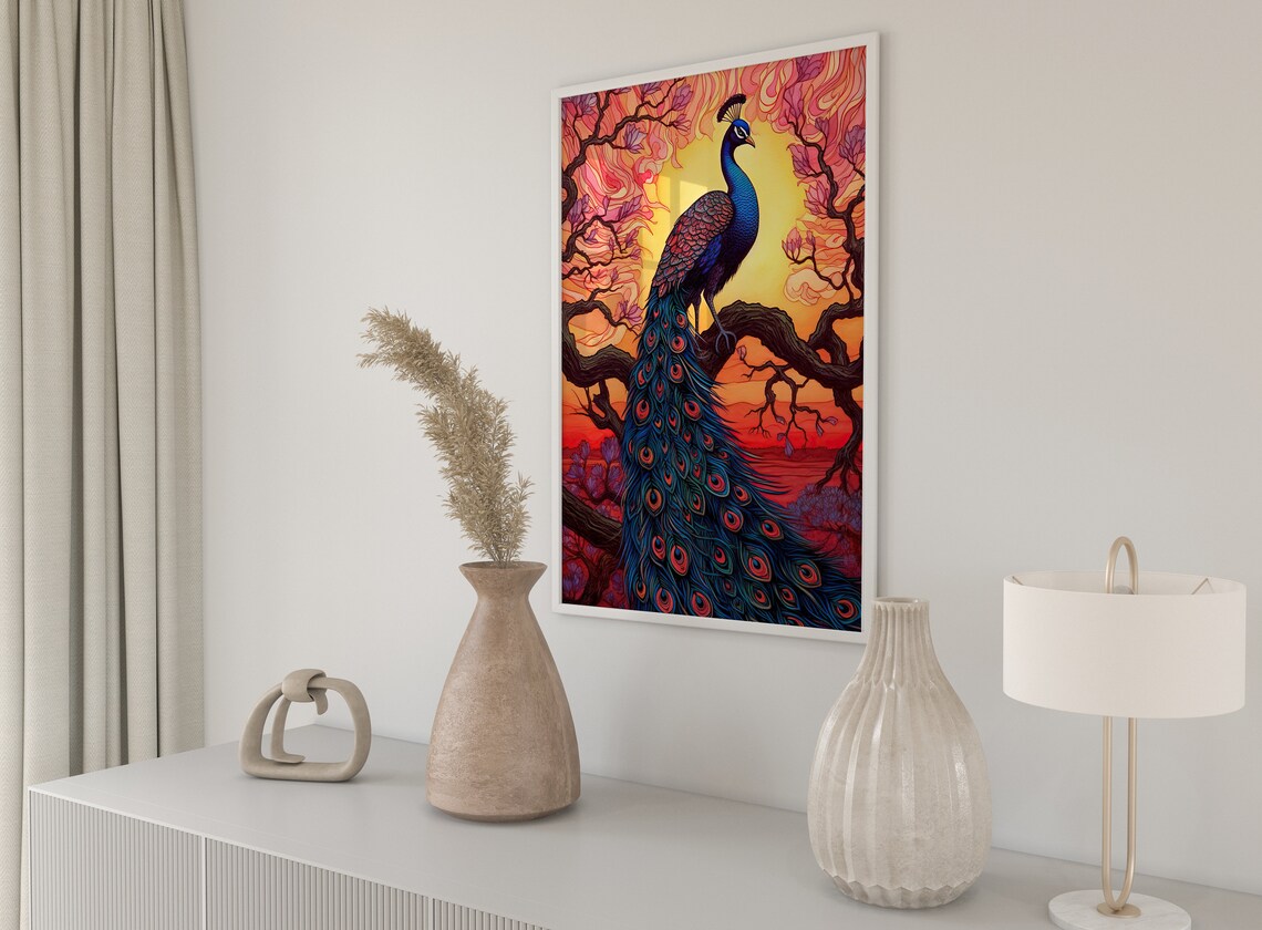 Peacock Sunset Tree Branch Stained Glass Vibrant Bird Art Poster - Image 4
