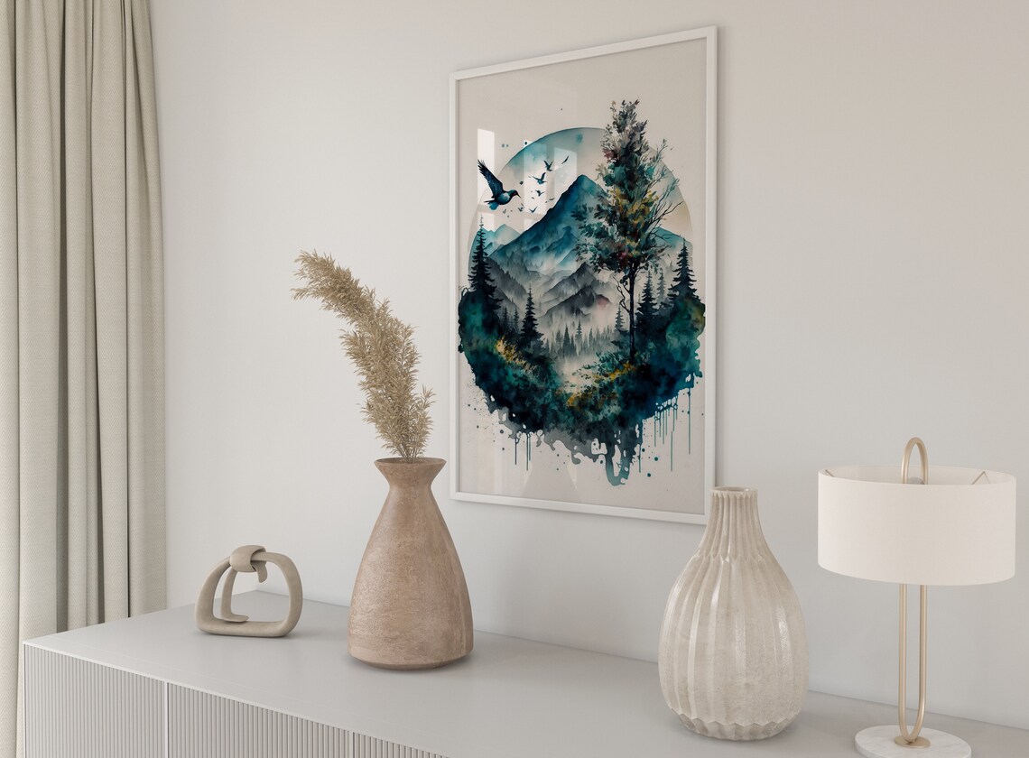 Circular Mountain Landscape Birds Teal Watercolor Art Poster - Image 2