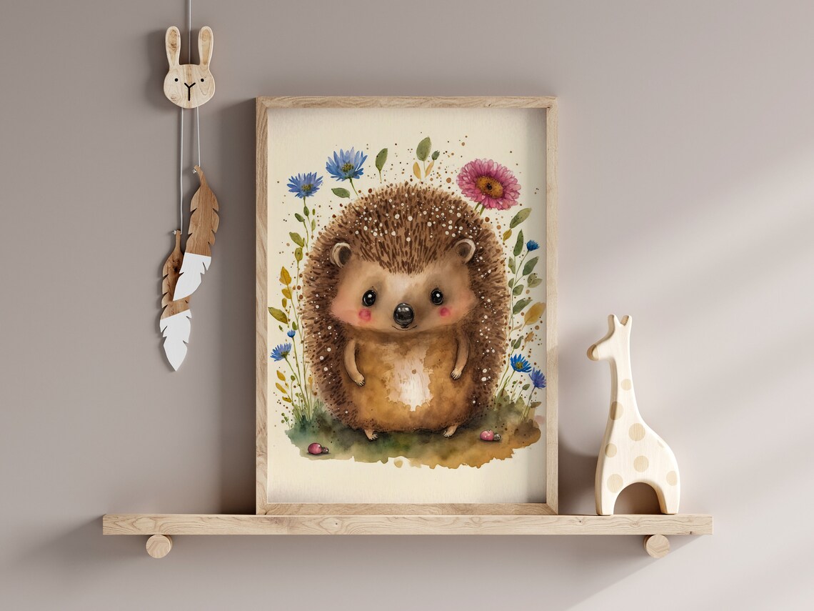 Baby Hedgehog Watercolor Wildflowers Nursery Wall Decor Poster - Image 2