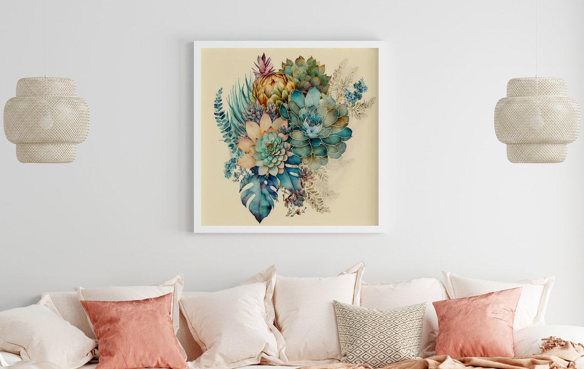Teal Watercolor Succulents Bouquet Botanical Echeveria Art Poster - Image 5