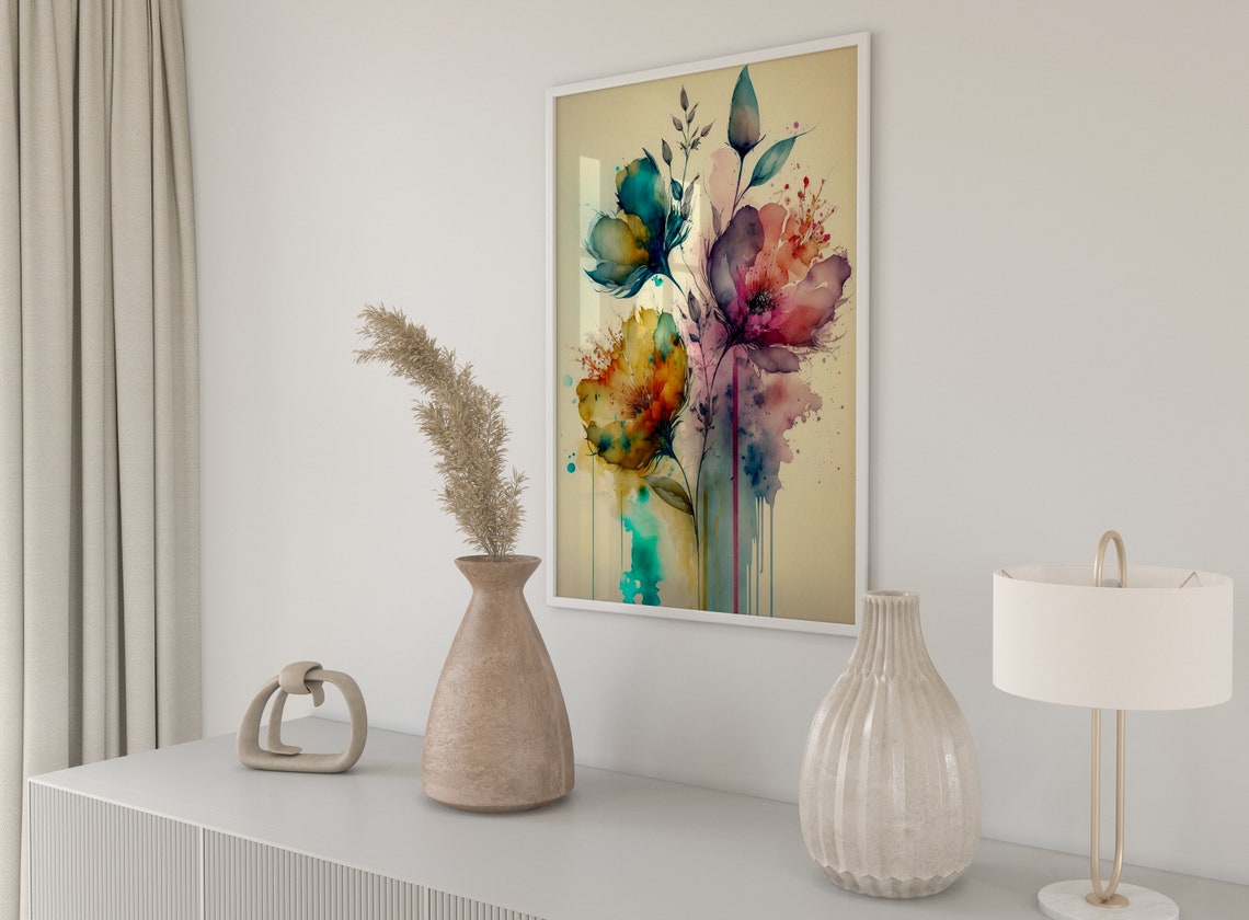 Dripping Watercolor Flowers Abstract Teal Magenta Bloom Art Print - Image 5