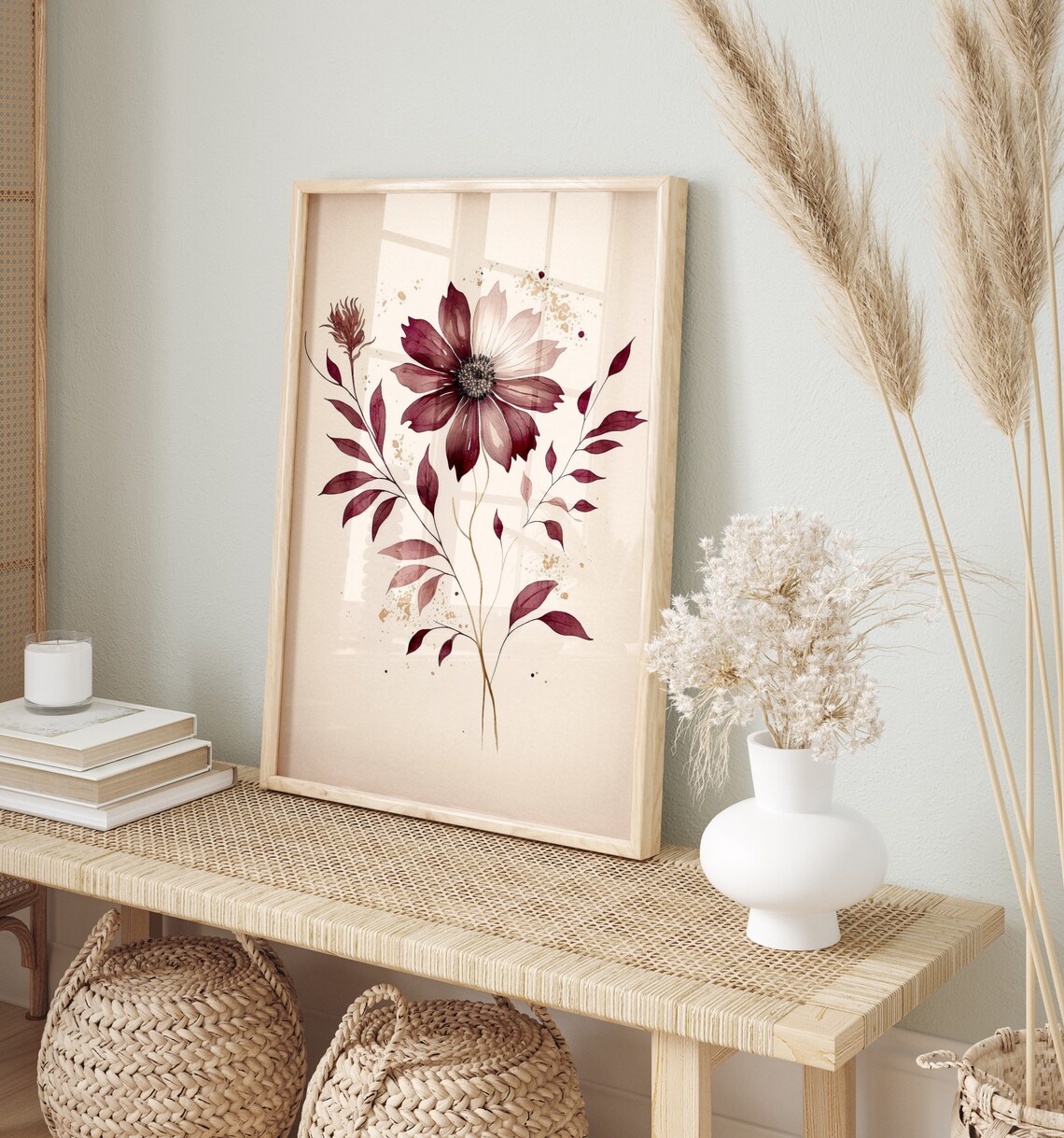 Burgundy Dahlia Botanical Watercolor Elegant Floral Wall Art - Image 5
