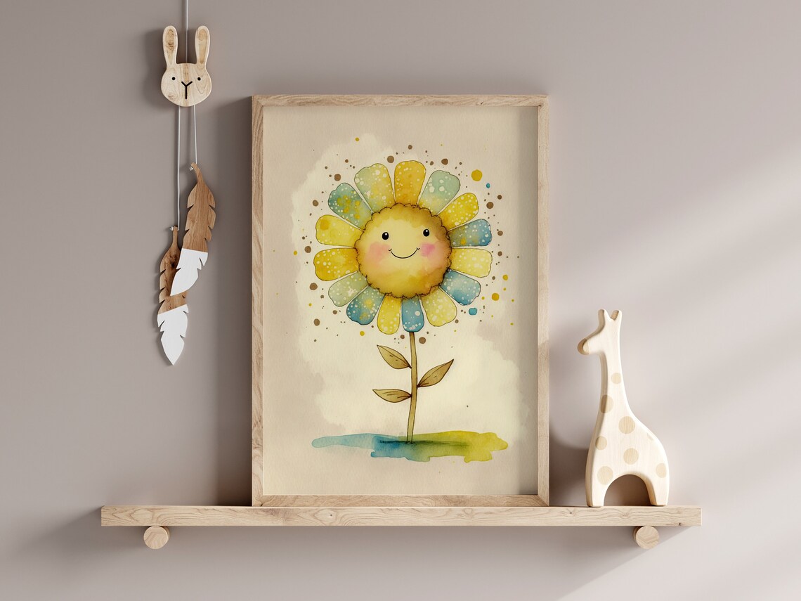 Happy Smiling Flower Face Nursery Watercolor Art Style Poster - Image 2