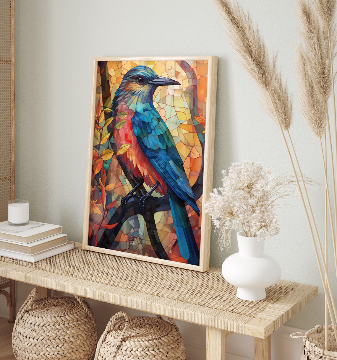 Blue Red Songbird Mosaic Stained Glass Autumn Leaves Art Poster - Image 2